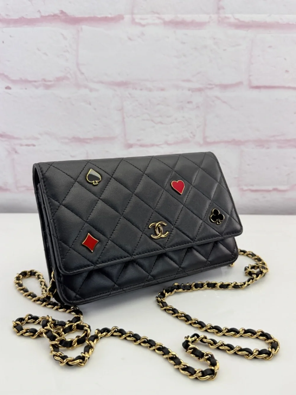 CHANEL Lambskin Quilted Enamel Coco Casino Wallet On Chain WOC Black